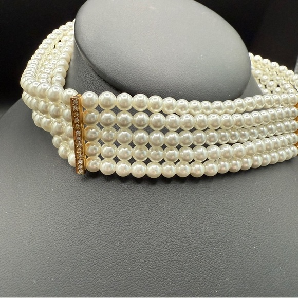 Multi-Strand Faux Pearl Choker with Rhinestone Accents - Wedding Necklace - Picture 13 of 15